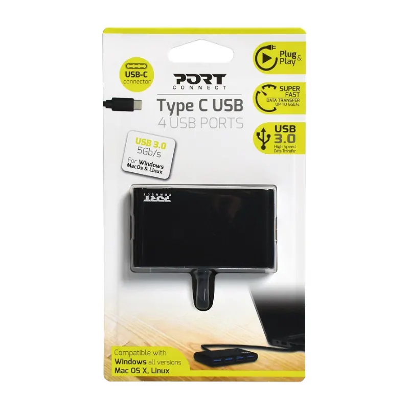 Port USB Type-C to 4 x USB3.0 5Gbps 30cm 4 Port Hub – Black