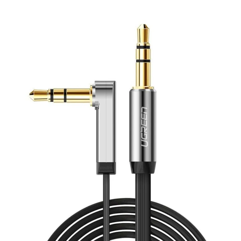 UGREEN AV119 Right-angled 3.5mm Flat Aux Cable 2m – Black/Silver