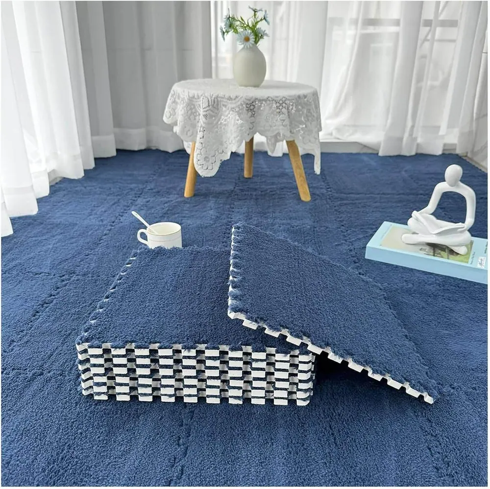 Fluffy Interlocking Carpet (9 pcs) - Blue