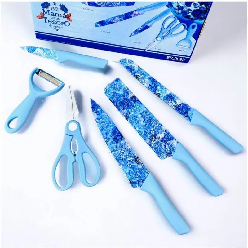 Stainless Steel Corrugated Knife Set (6 pcs) - Blue