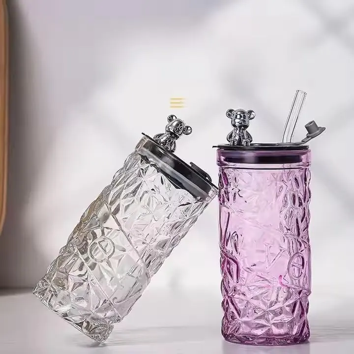 Luxury Design Drink Glass Cup With Lid And Straw (330ml)(Each)