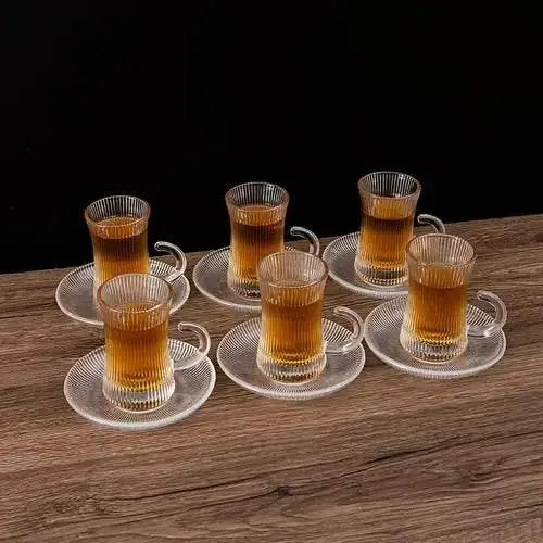 Striped Turkish Tea Cup and Saucer Set (110ml)(6 Cups)