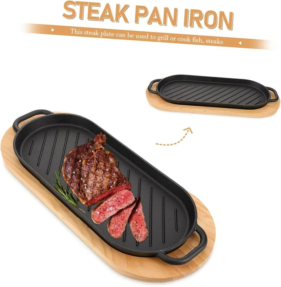 Cast Iron Steak Pan With Wooden Base (37cm)