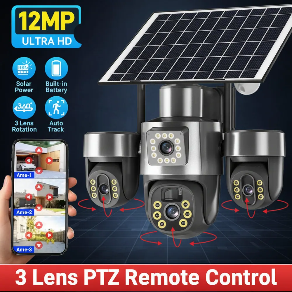12MP Ultra HD Solar Powered WiFi PTZ Security Camera System with 3 Lens Rotation