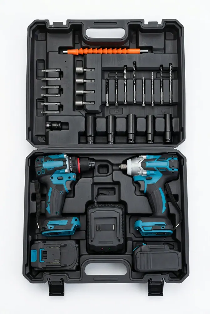 Cordless Drill & Impact Wrench Combo Kit with Accessories and Carry Case