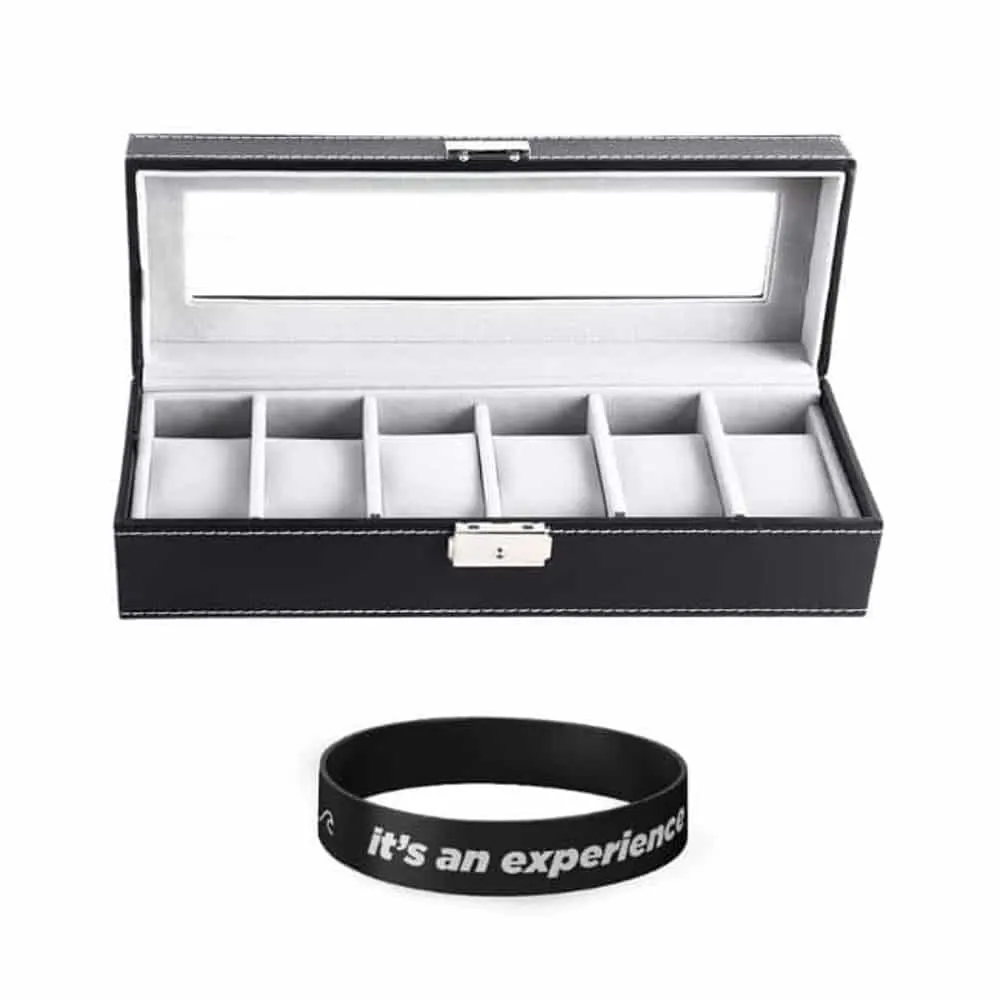 PU Leather 6 Slot Watch Display Box + Free Wristband Combo