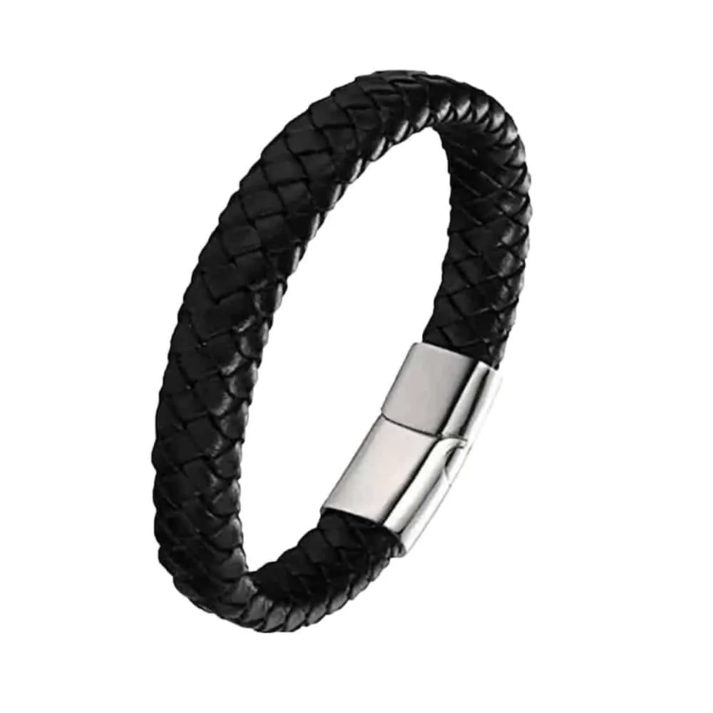 Braided Black Vegan PU Leather & Stainless Steel Bracelet- M/L