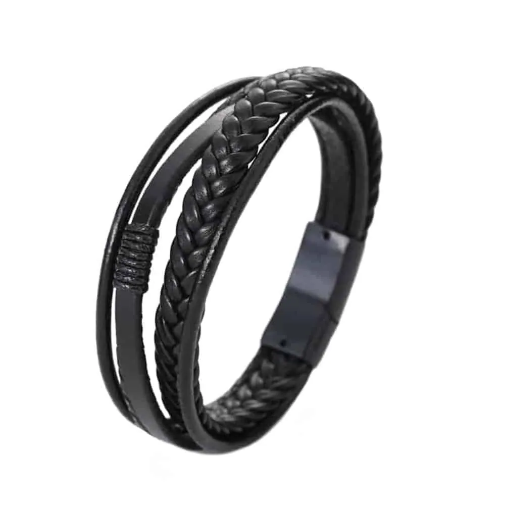 Multi-strand Black PU Vegan Leather Bracelet (M/L)Size:21.5cm