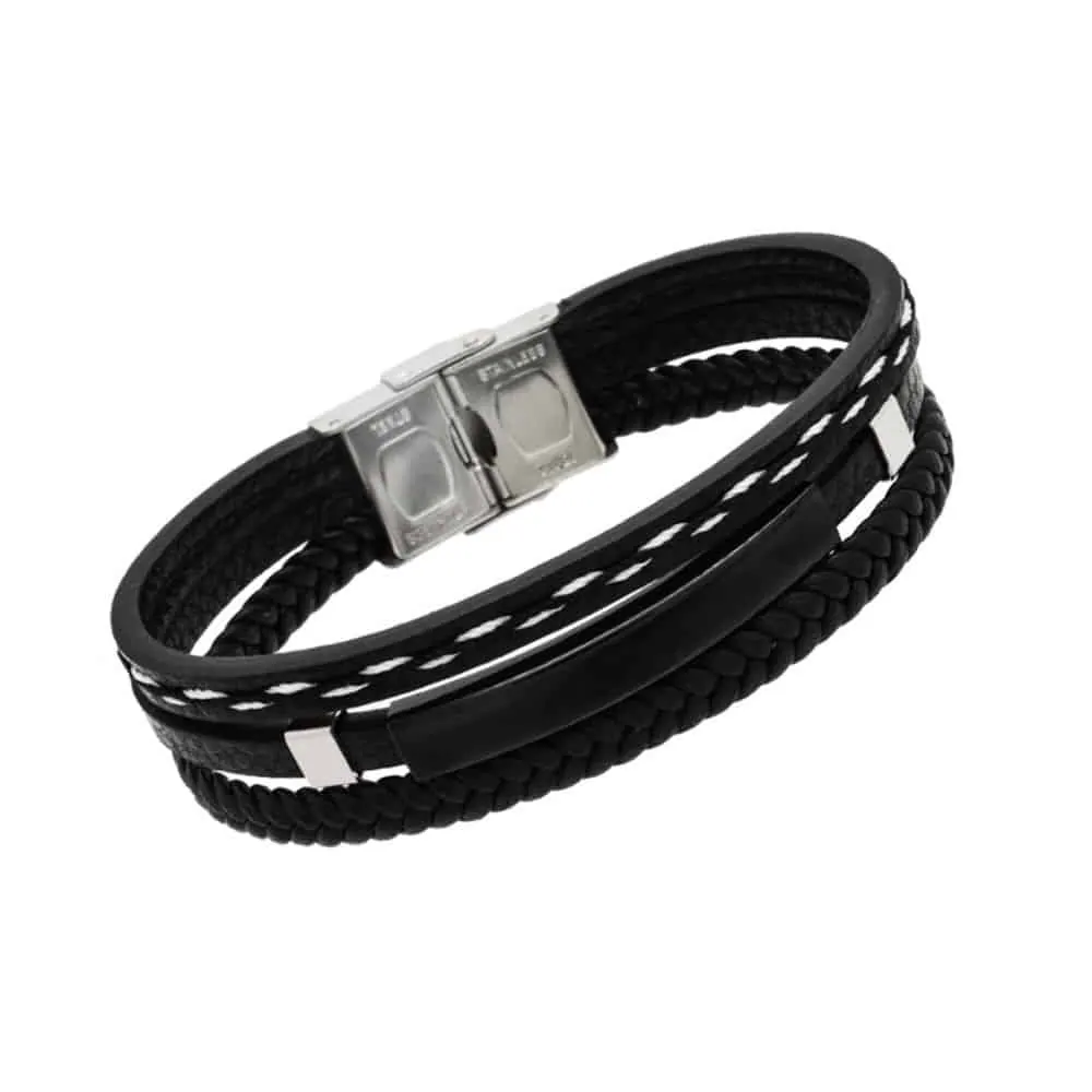PU Leather & Stainless Steel Unisex Bracelet- M/L - Black