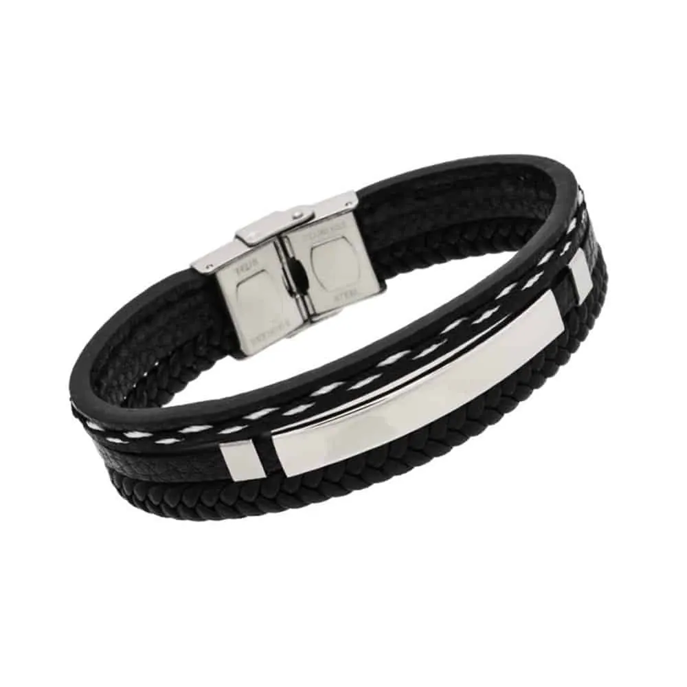 PU Leather & Stainless Steel Unisex Bracelet- M/L - Silver