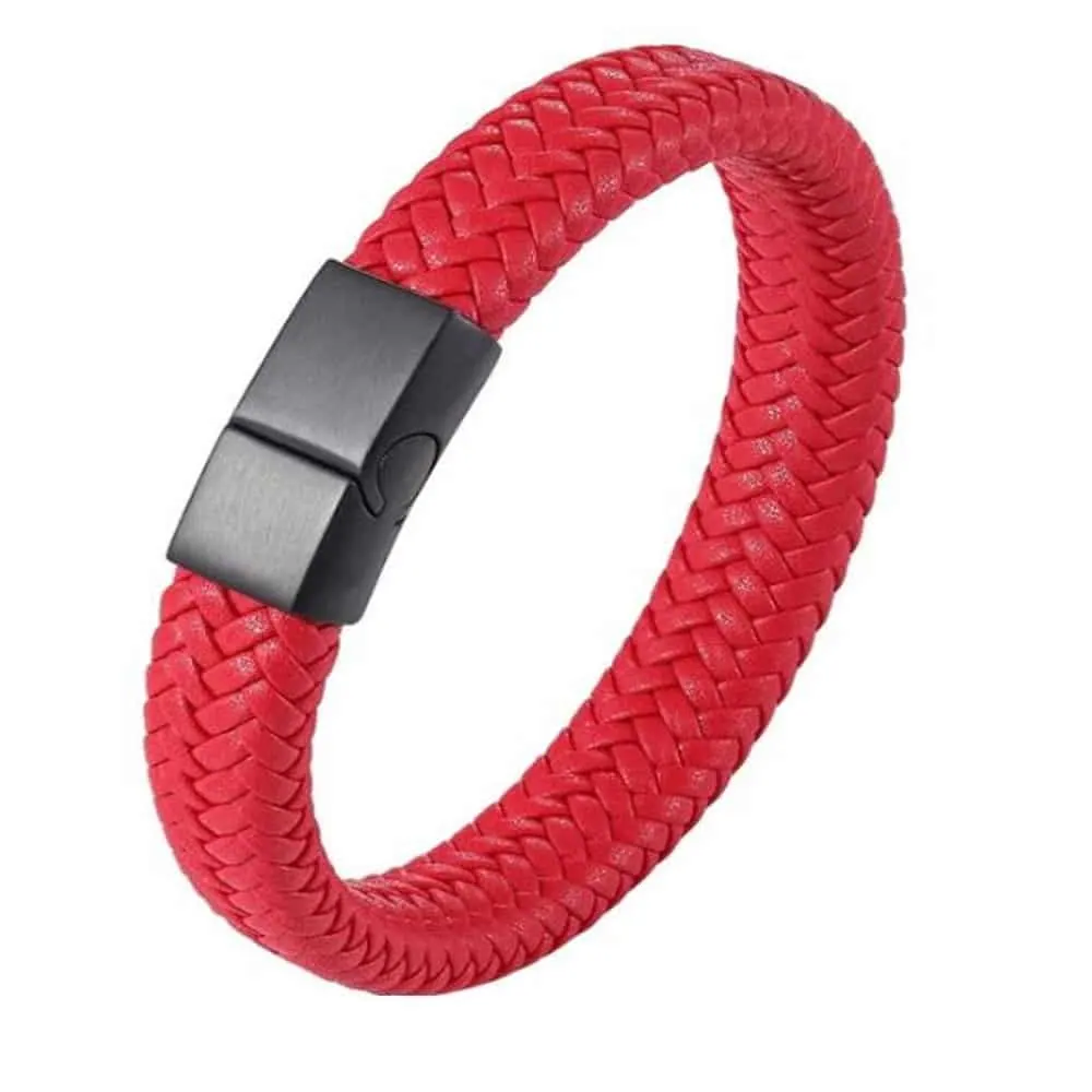 Stainless steel Bracelet with Genuine leather -Red