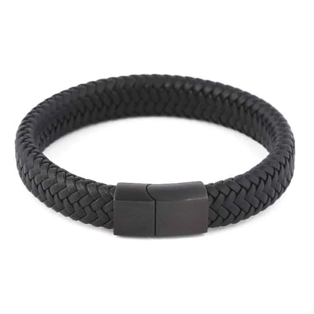 Vegan Leather Bracelet w/ Stainless Steel Clasp- Black- M/L