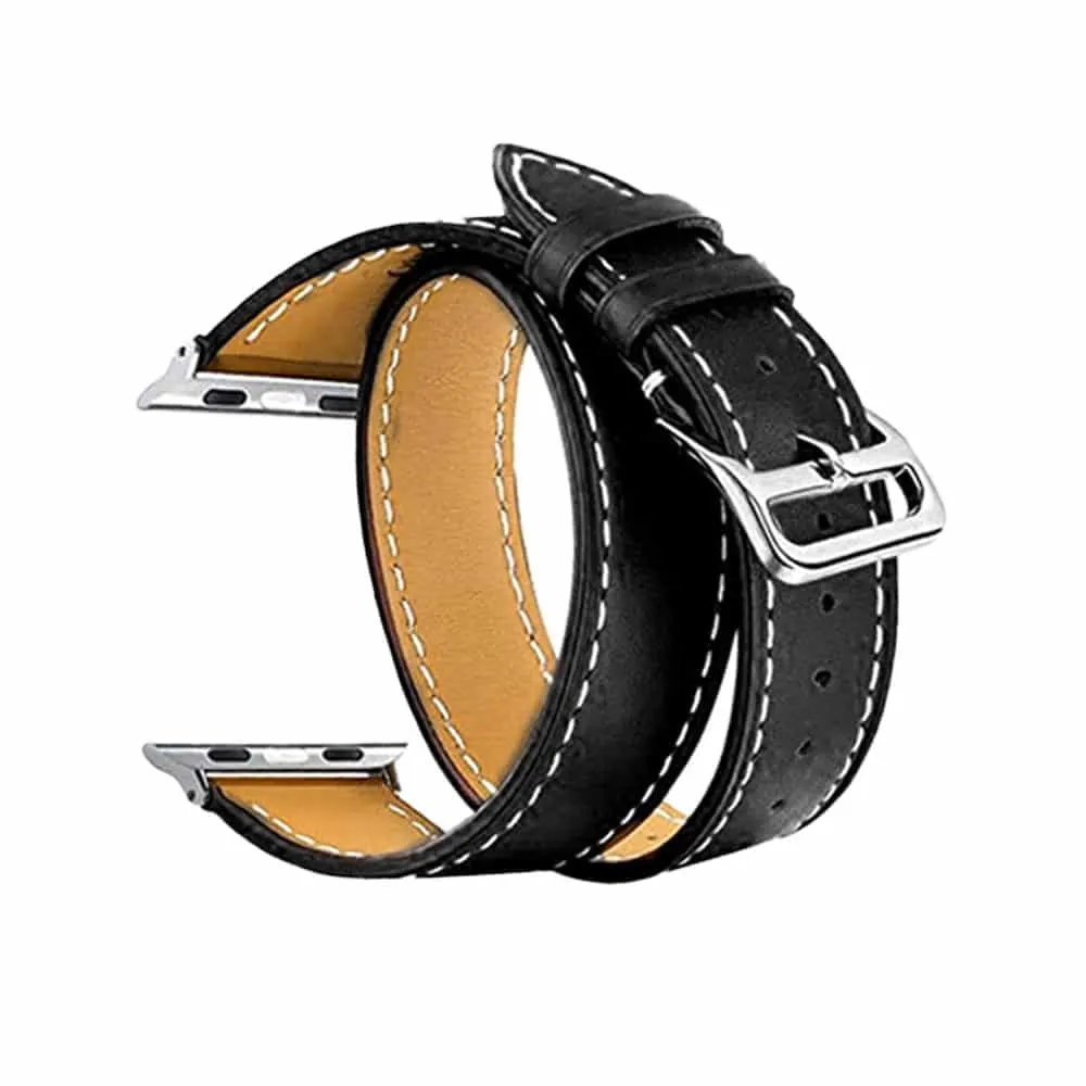 Double Wrap Leather Strap Compatible with Apple Watch - Black - L