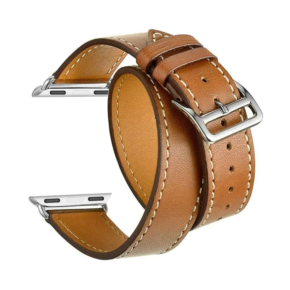 Double Wrap Leather Strap Compatible with Apple Watch - Brown - L