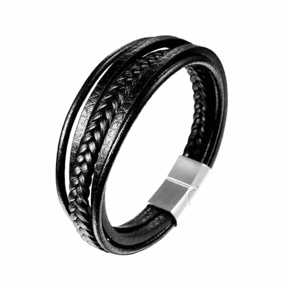 Handmade Multi-Layered Vegan PU Leather Bracelet - Black - S-M