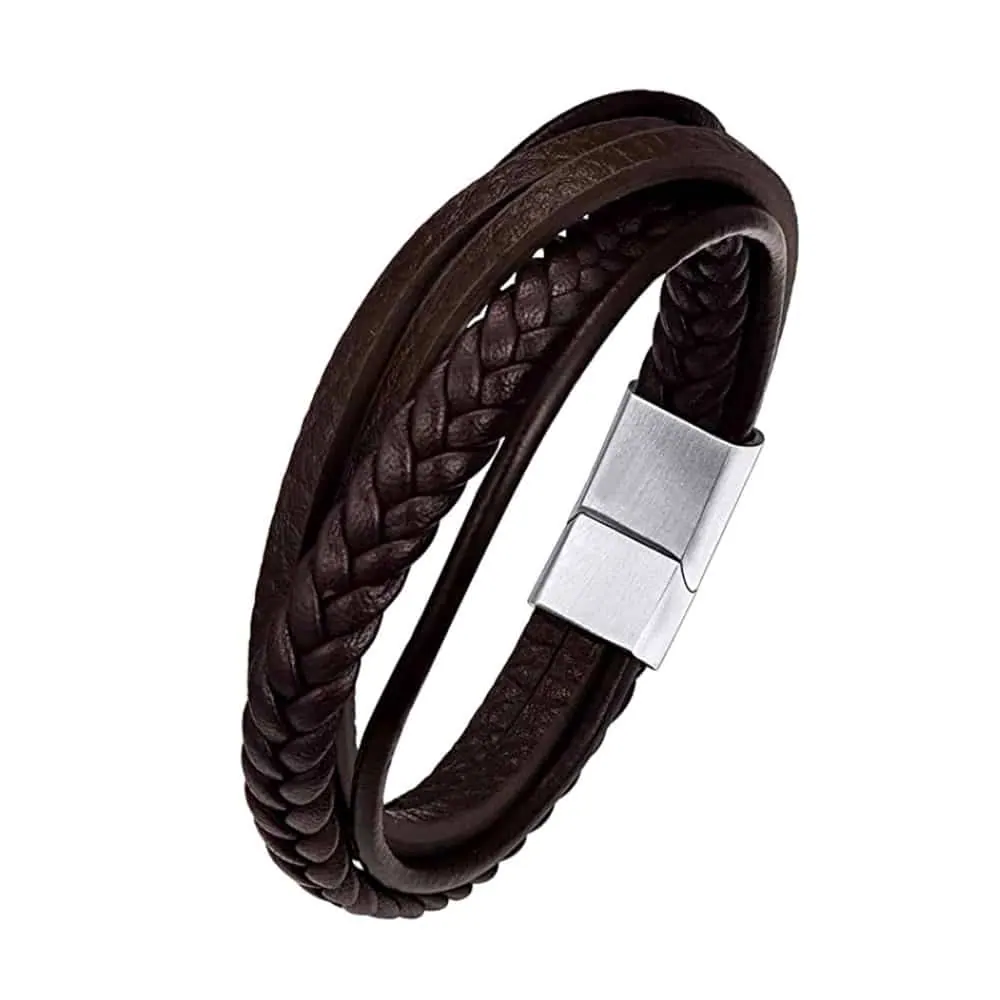 Handmade Multi-Layered Vegan PU Leather Bracelet - Brown - S-M