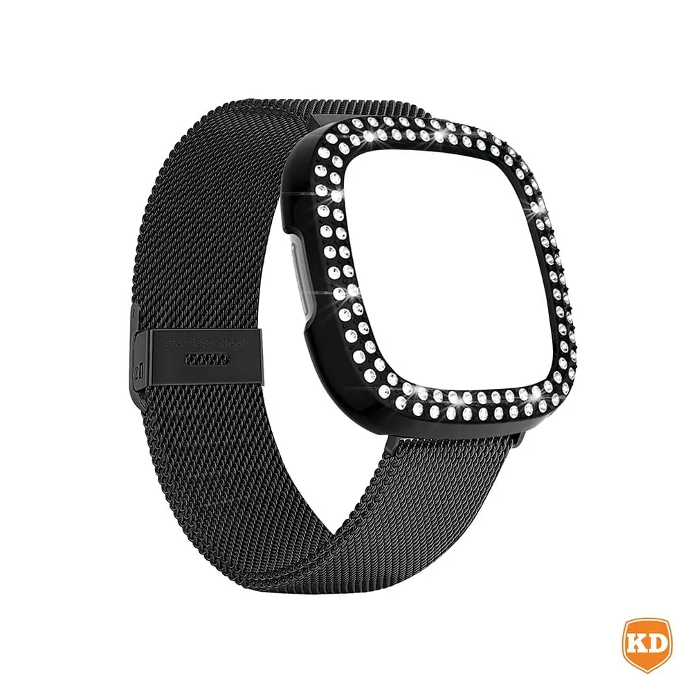 Milanese Strap & Diamond PC Case for Fitbit Versa 3/ Sense - Black