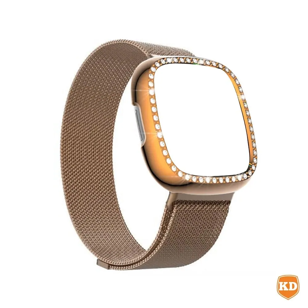Milanese strap and PC case with diamond for Fitbit Versa 3 ,Sense - Rose Gold Combo
