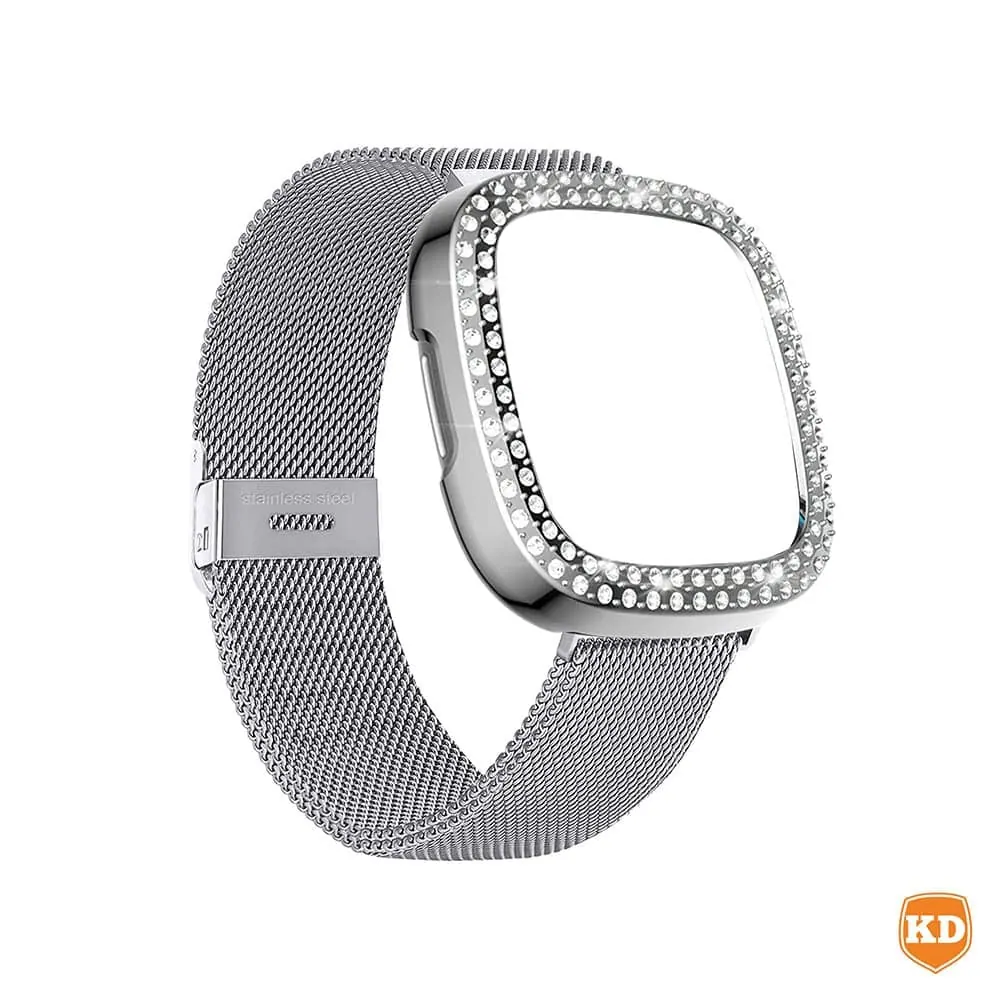 Milanese strap and PC case with diamond for Fitbit Versa 3 ,Sense - Silver Combo