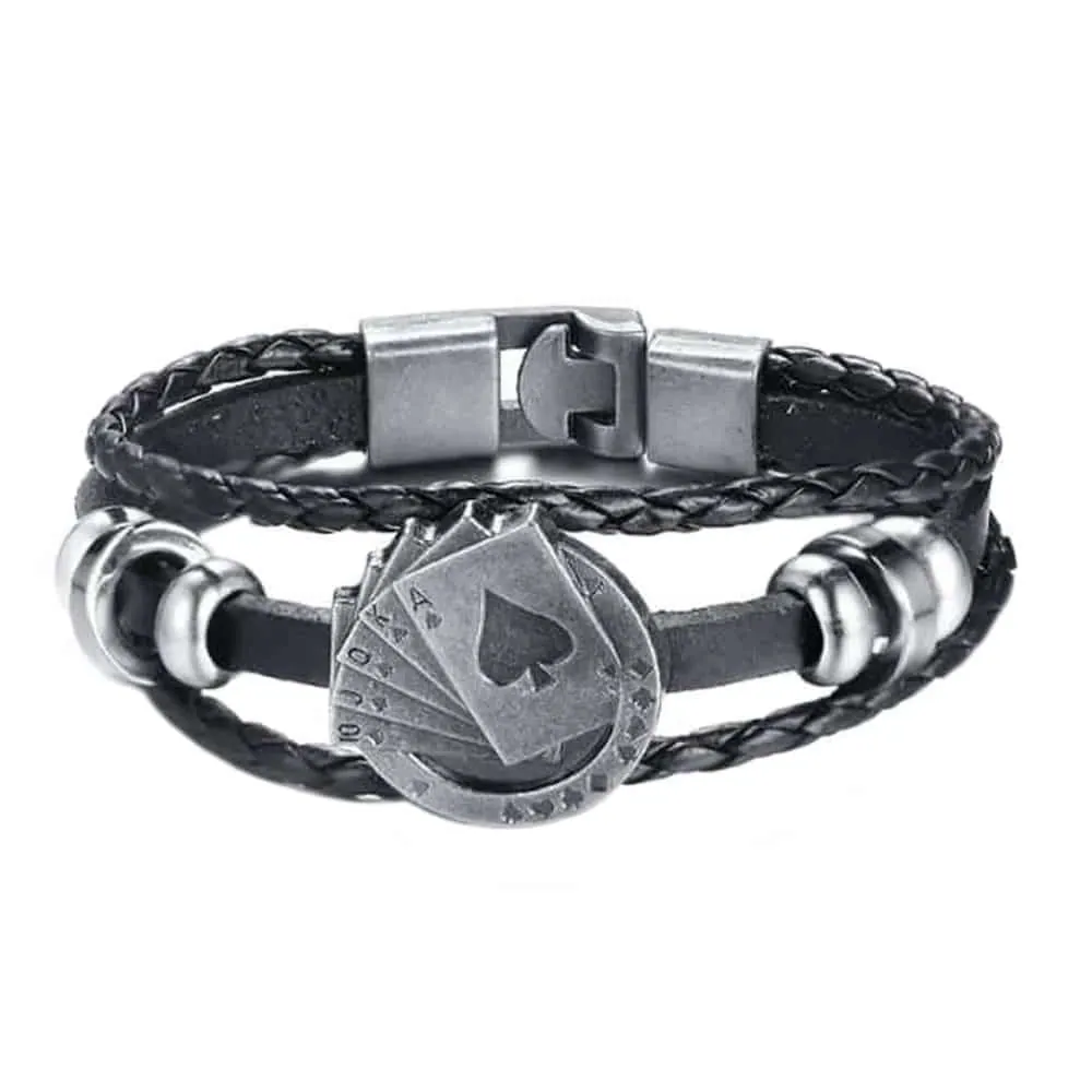 Unisex Braided Vegan Leather Playing Card Charm Bracelet- S/M