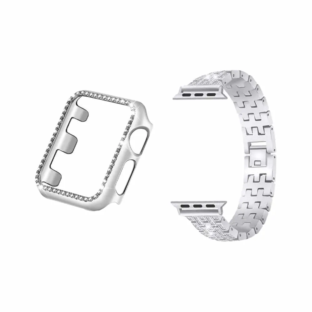 38mm Apple Watch Rhinestone PC Shiny Protective Frame + stainless-steel strap - Silver
