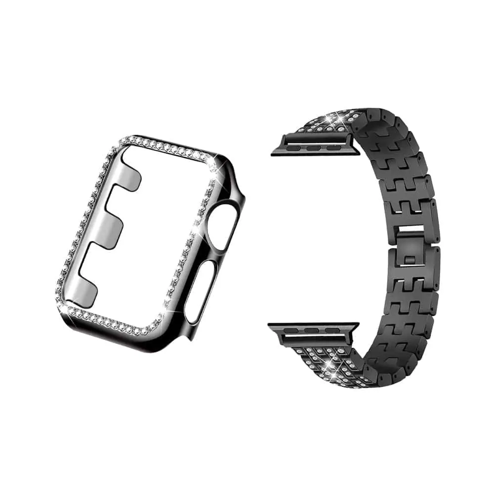 40mm Apple Watch Rhinestone PC Shiny Protective Frame + stainless-steel strap - Black