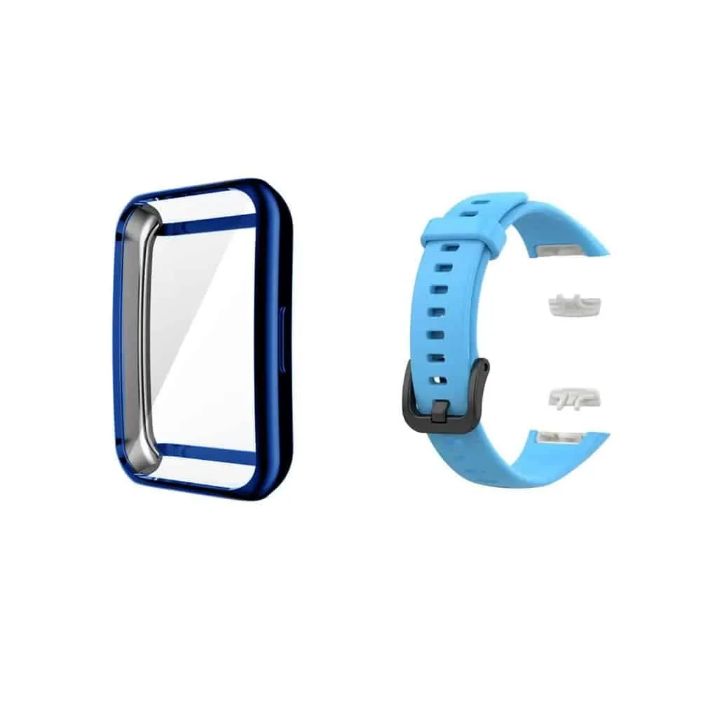 Shockproof Replacement Protective TPU Case for Huawei Band 6 - Clear and replacement silicone strap - Blue (S-M) - Combo