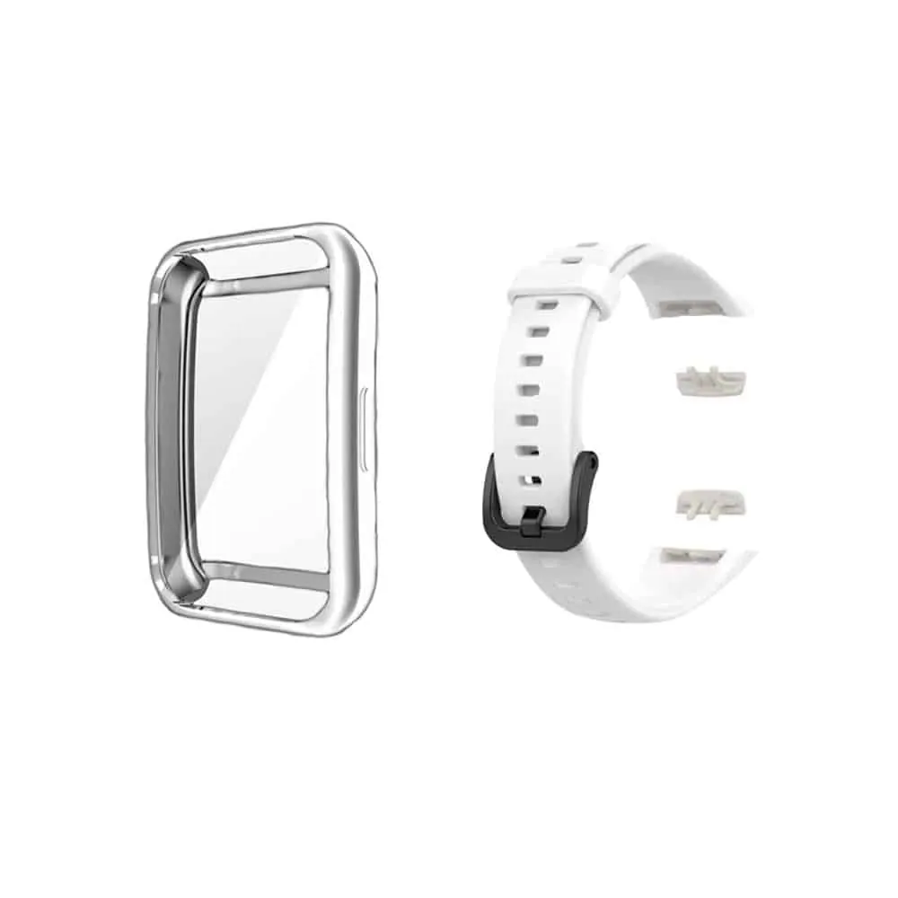 Shockproof Replacement Protective TPU Case for Huawei Band 6 - Clear and replacement silicone strap - White (S-M) - Combo