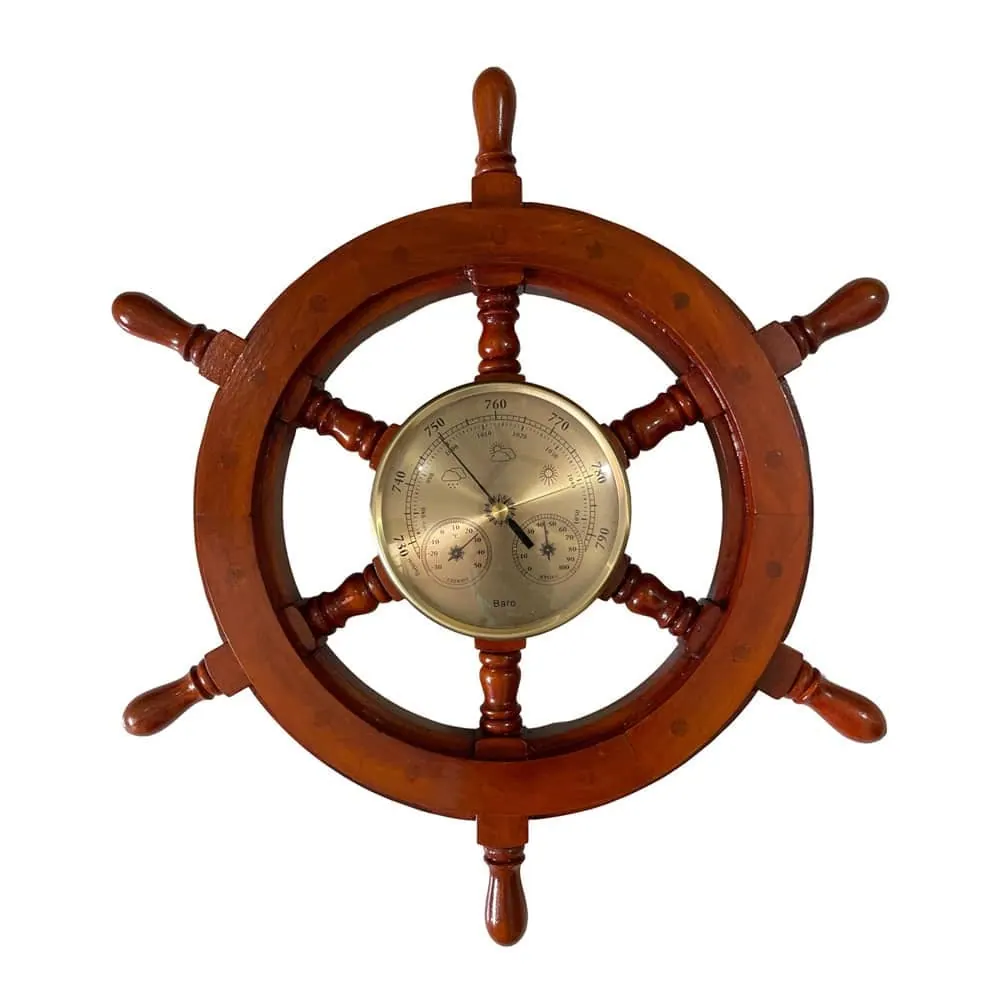 Vintage Wooden Ship Steering Wheel Weather Station Decor