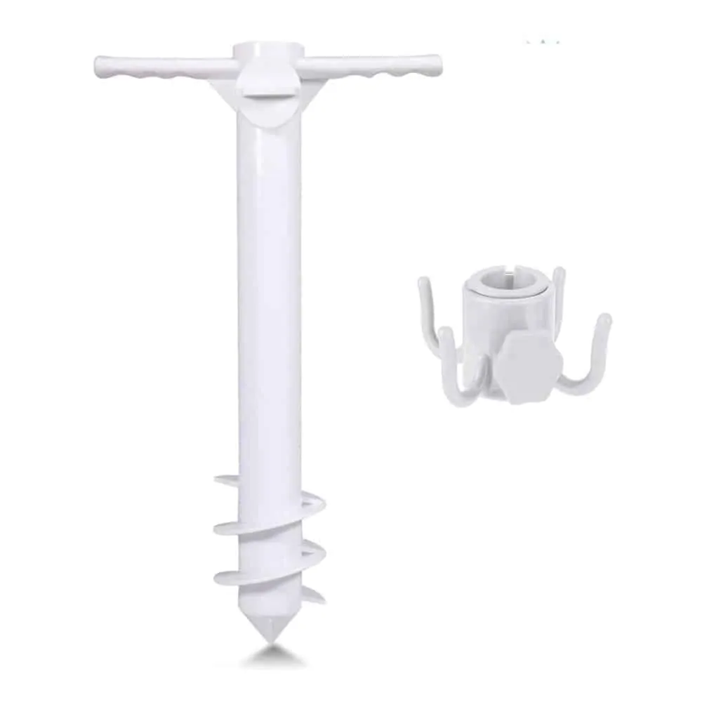 Beach Umbrella Holder Anchor Screw Stake & Towel Hook Set