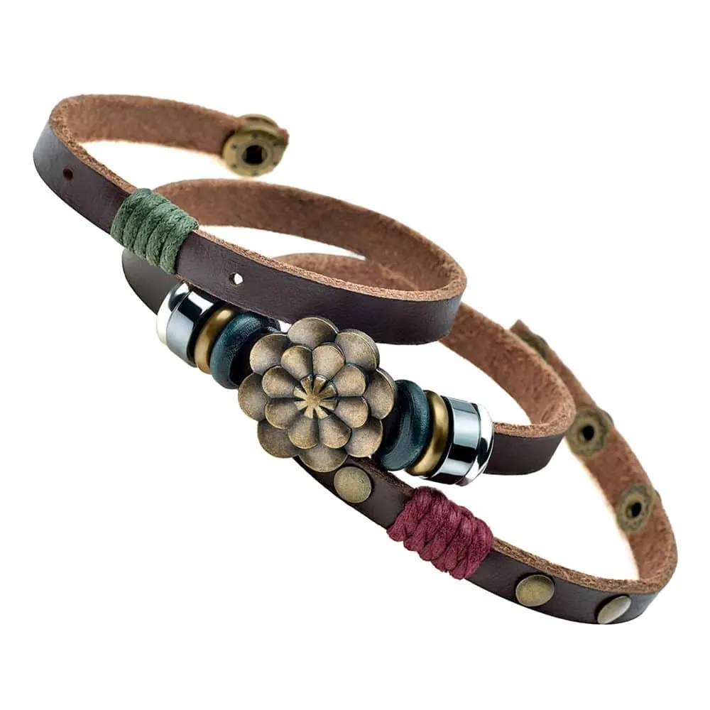 Handmade Lucky Lotus Flower PU Vegan Leather Bracelet - L/XL