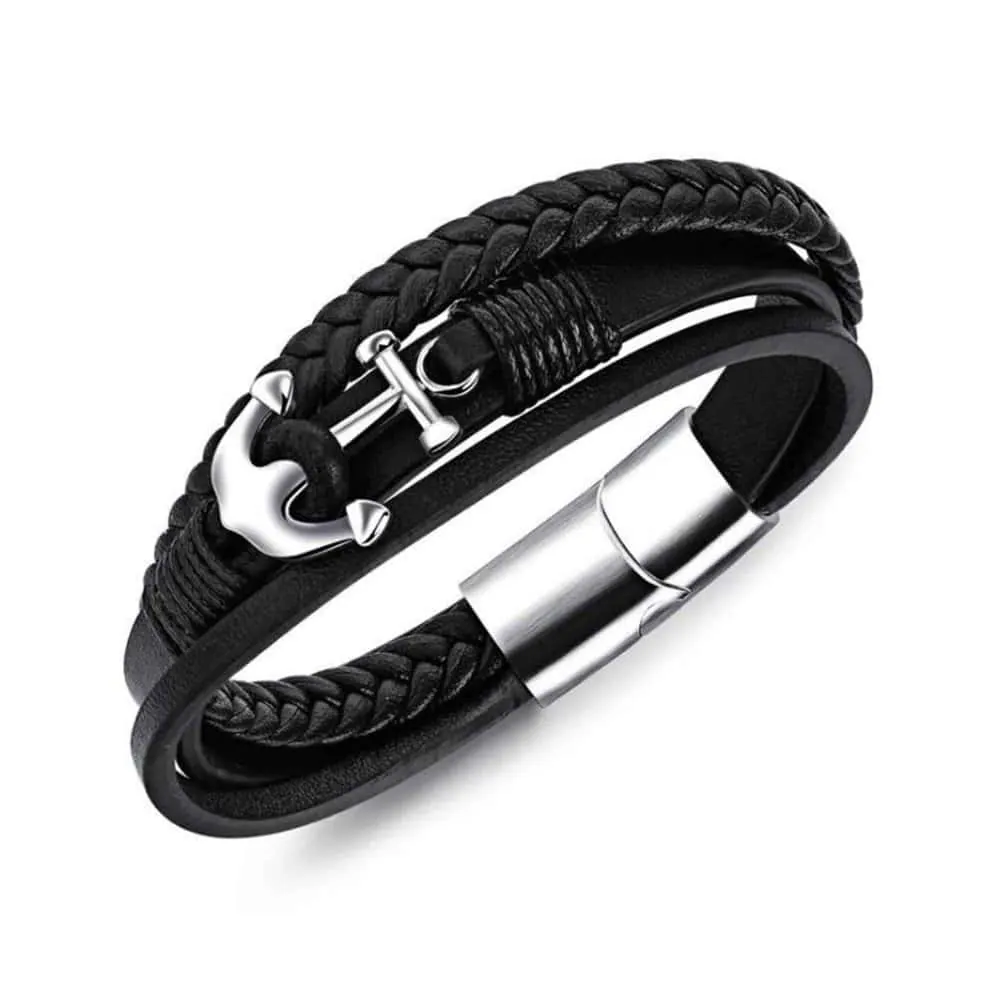 Vegan PU Leather & Stainless Steel Anchor Charm Bracelet- M/L
