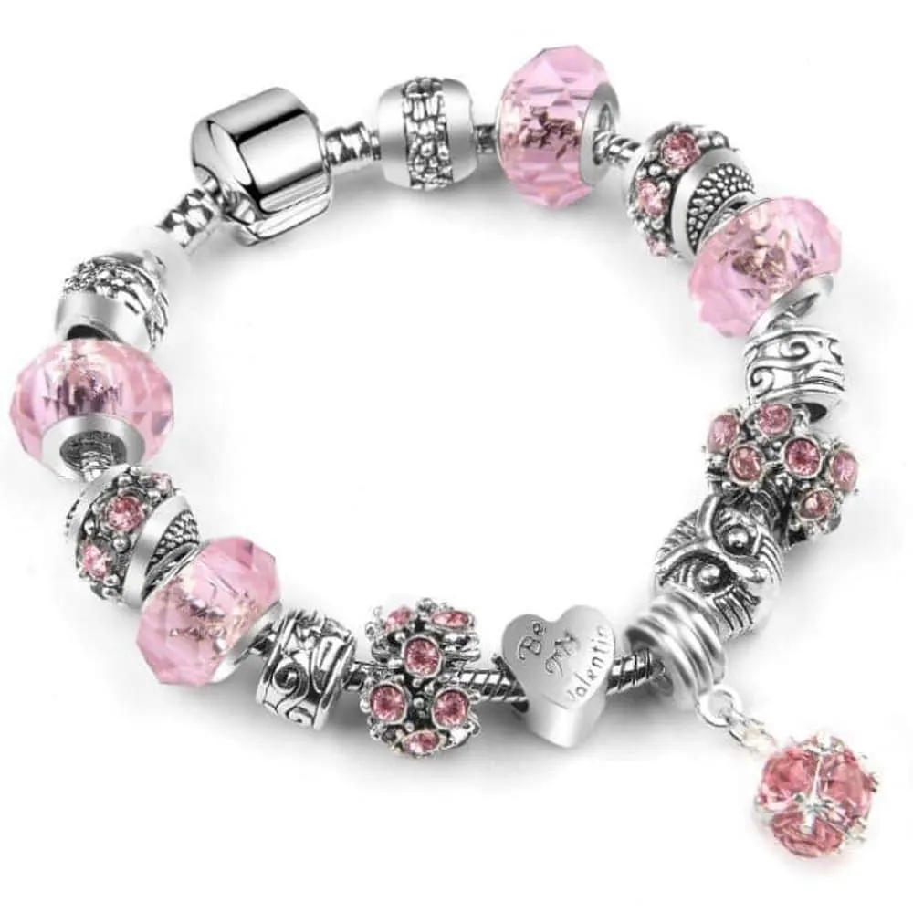 Murano Crystals Carved Plated Snake Chain Fashion Charm Bracelet - Pink