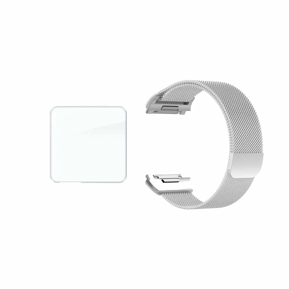 Milanese Strap & Glass Screen for Fitbit Ionic- Silver