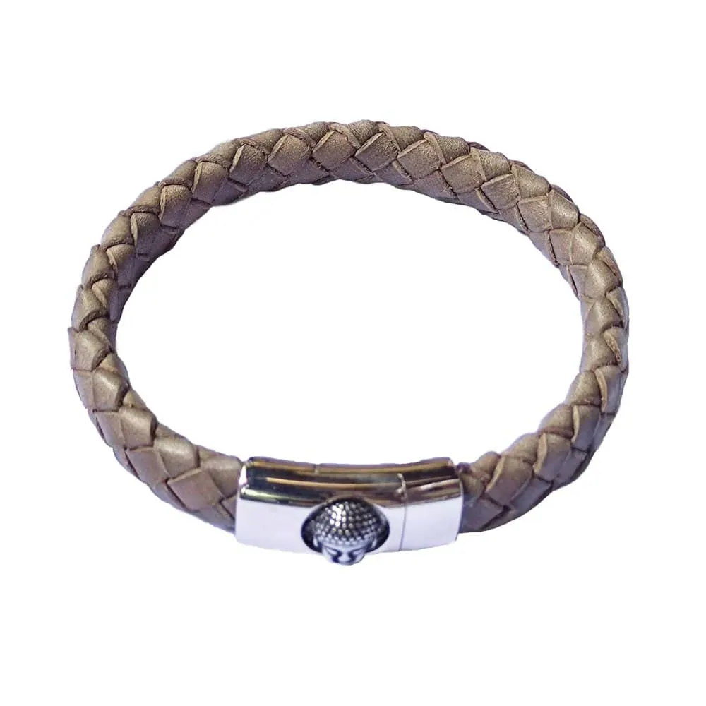 Unisex Leather & Stainless Steel Style Bracelet-Light Brown - M