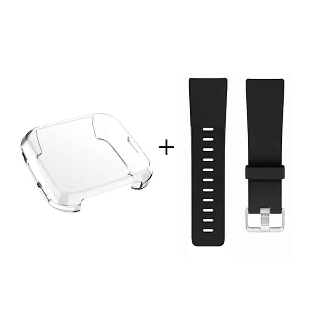 Screen Protector + Silicone Strap for Fitbit Versa - Black - S-M