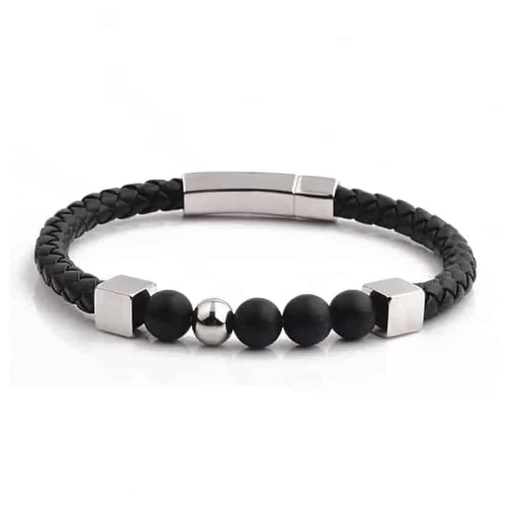 Unisex Braided Vegan Leather Steel Bracelet- M/L - Black, Silver