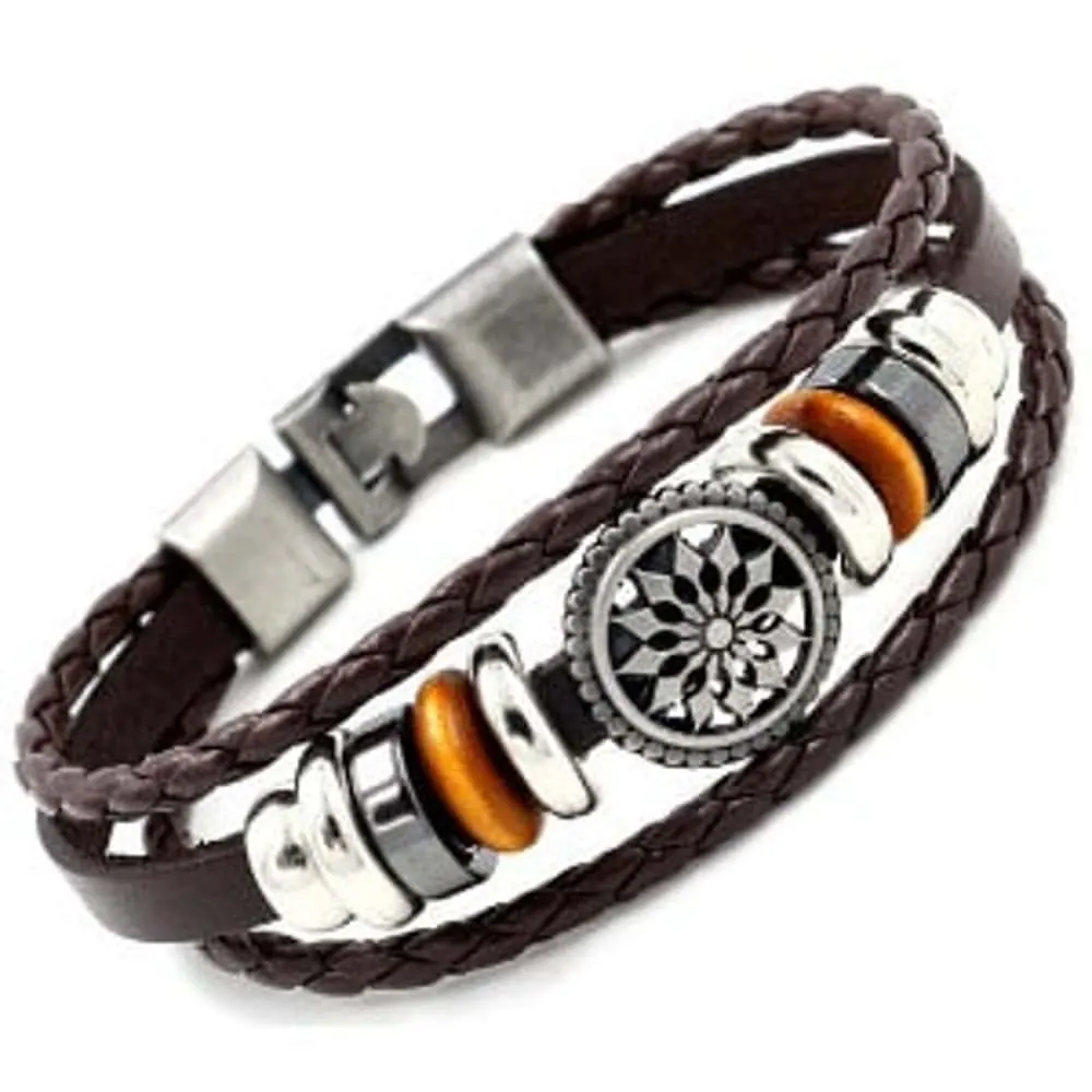 Braided Brown PU Vegan Leather Stainless Steel Bracelet- M/L