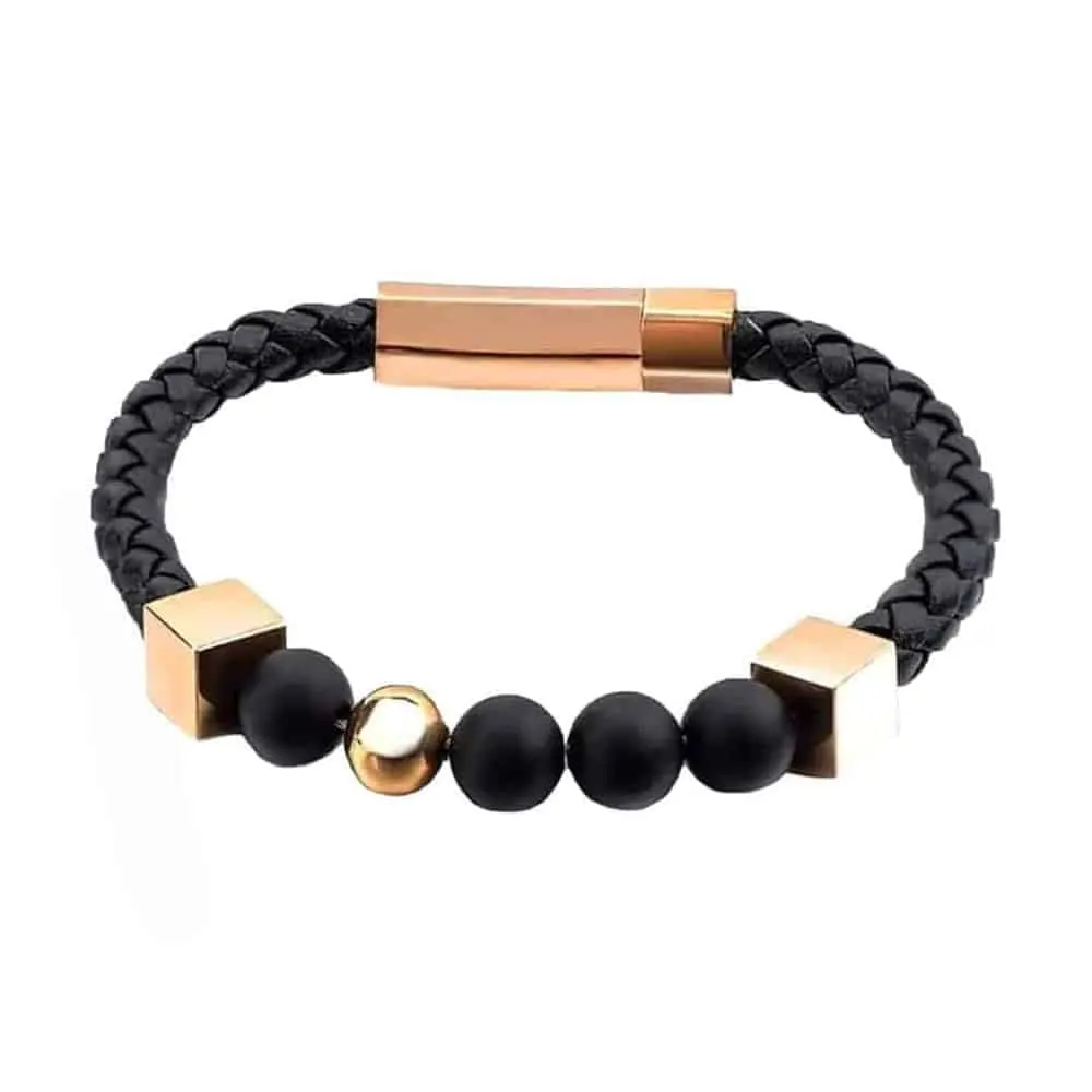 Unisex Braided Vegan Leather Steel Bracelet- M/L - Black, Gold