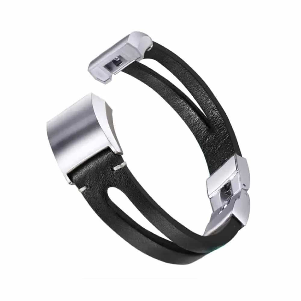 Leather Strap with Metal Clasp for Fitbit Charge 2- Black
