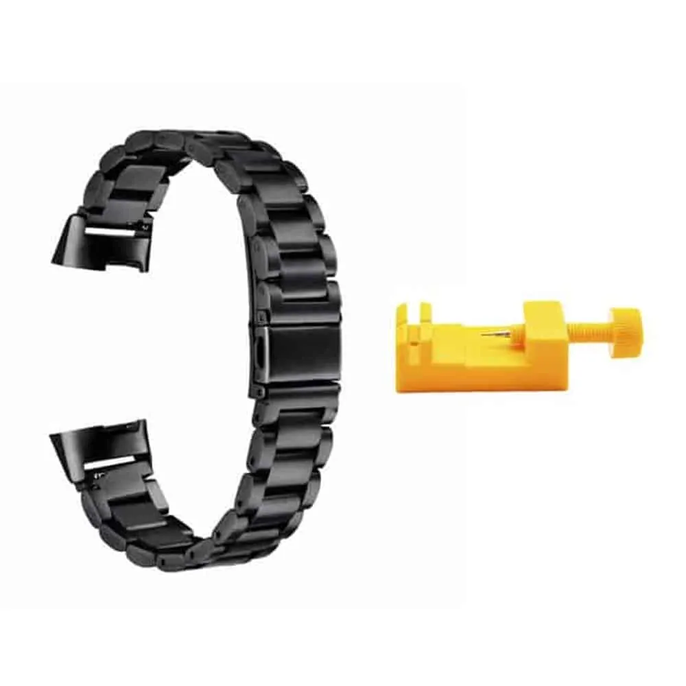Stainless Steel Strap & Link Tool for Fitbit Charge 3 / 4 - Black