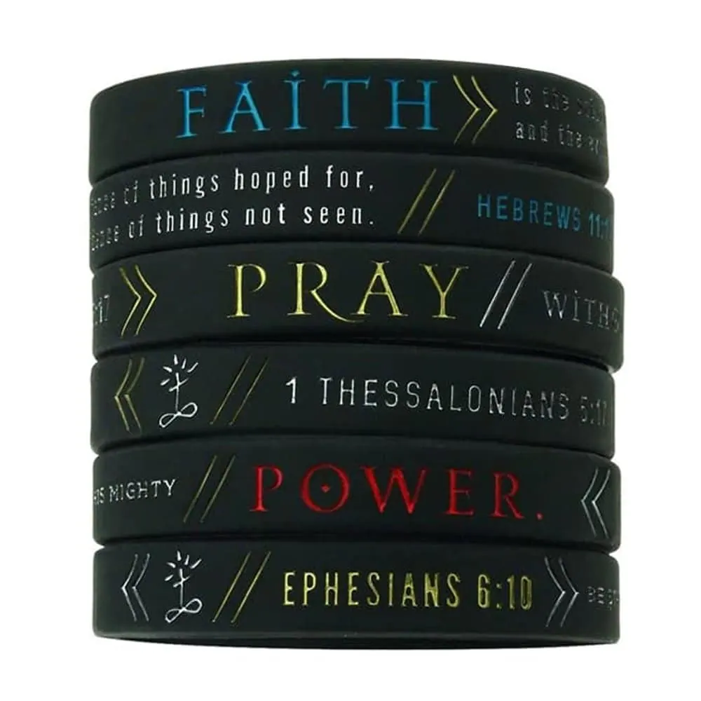 Faith, Power, & Pray Unisex Bible Silicone Wristbands - 6 Pack